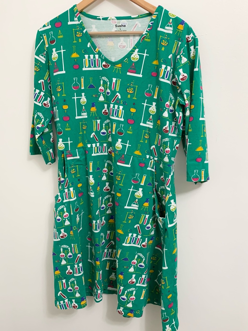 Svaha STEM Organic Cotton Dress 3/4 sleeve 2 Pockets Womens L Science Teacher